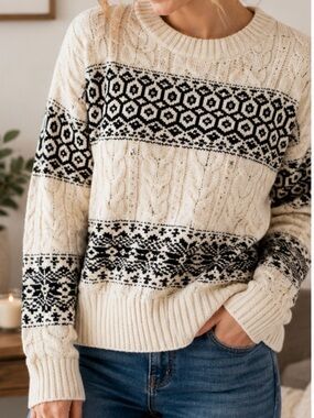 LOFT Fair Isle Cable Knit Sweater Women’s L Cream Black Nordic Winter